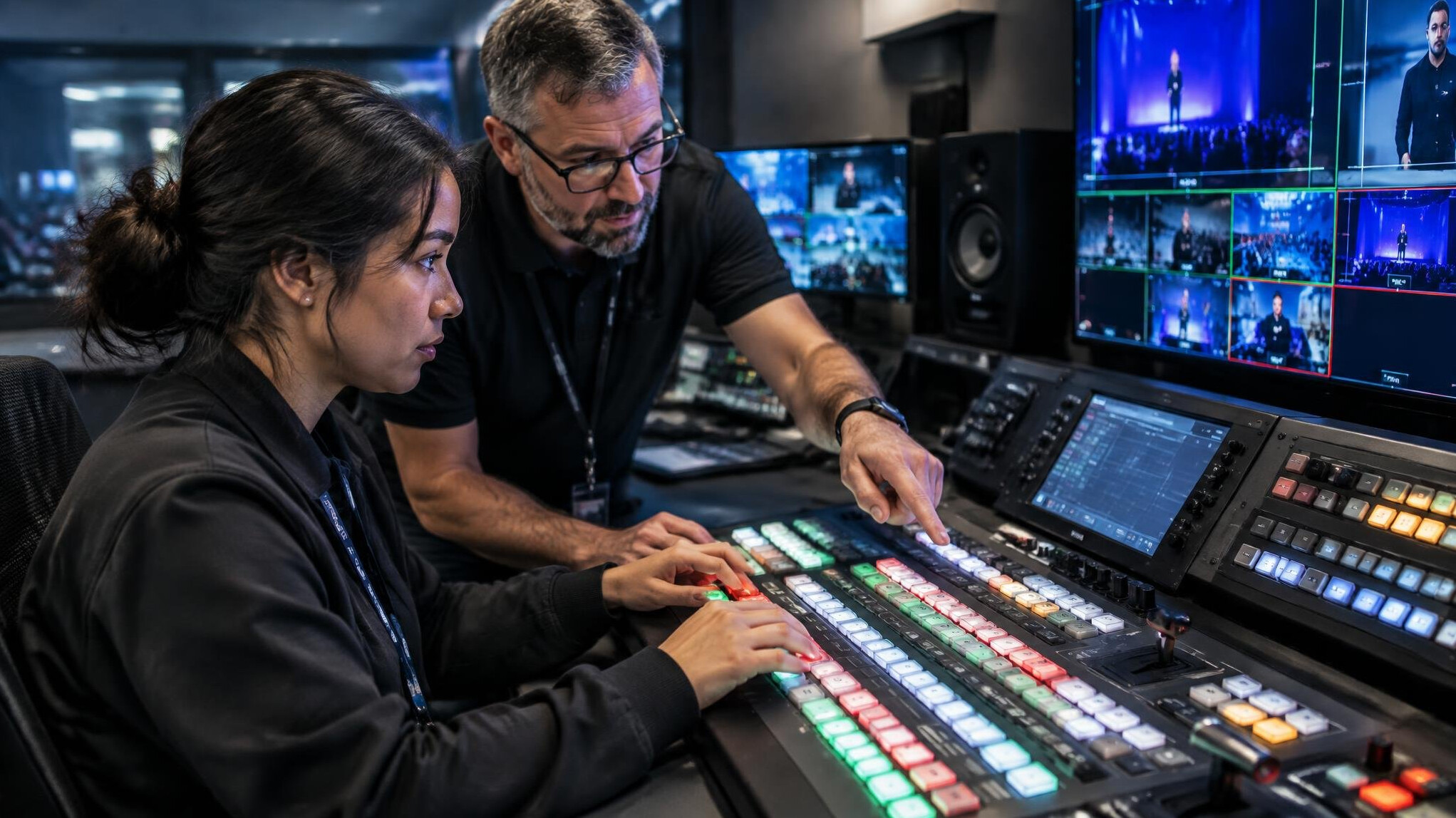 Trainee practicing on a video switcher console during a workshop
