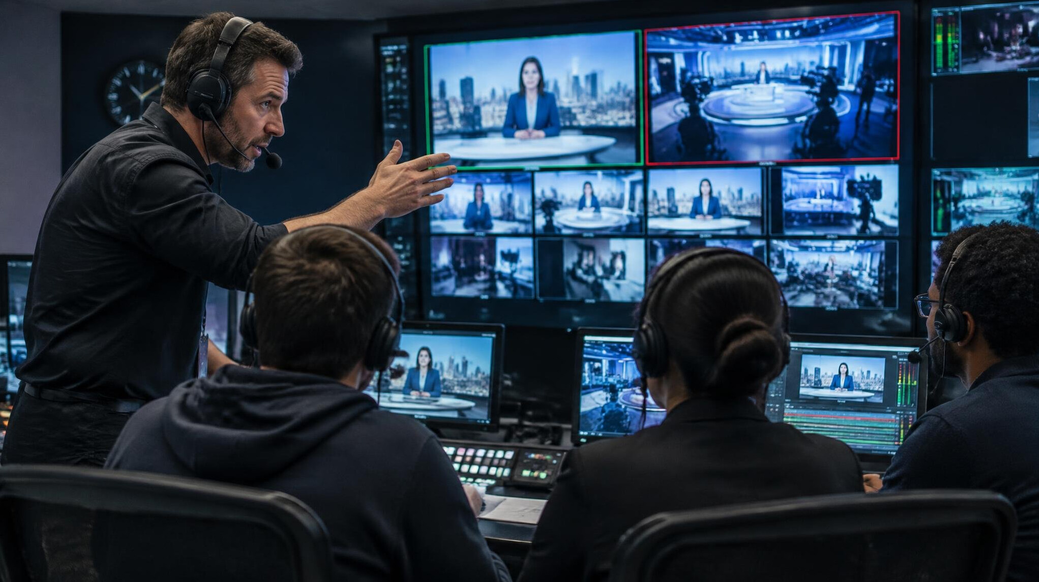 Director giving instructions to a production team in a control room