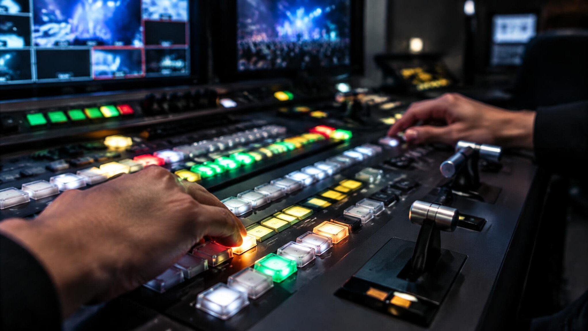 Close-up of a video vision mixer switching console with glowing buttons